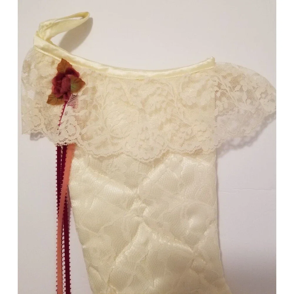 Victorian  Stocking Hanging Flower Ribbon Lace Overlay Quilted French Country